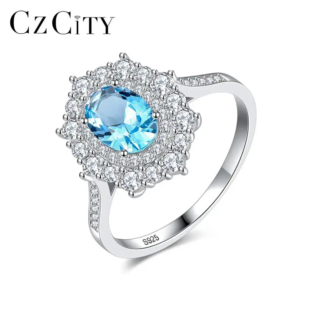 Czcity pedra preciosa flor azul 925 prata, joia tradicional mulher anel de noivado mystic topaz
