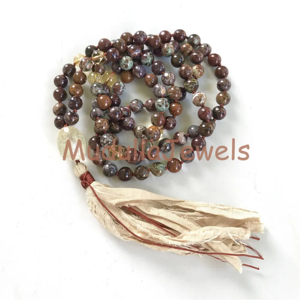 MN21342 108 Mala Necklace Brown Green African Opal Mala Necklace Citrine Mala Bead Necklace