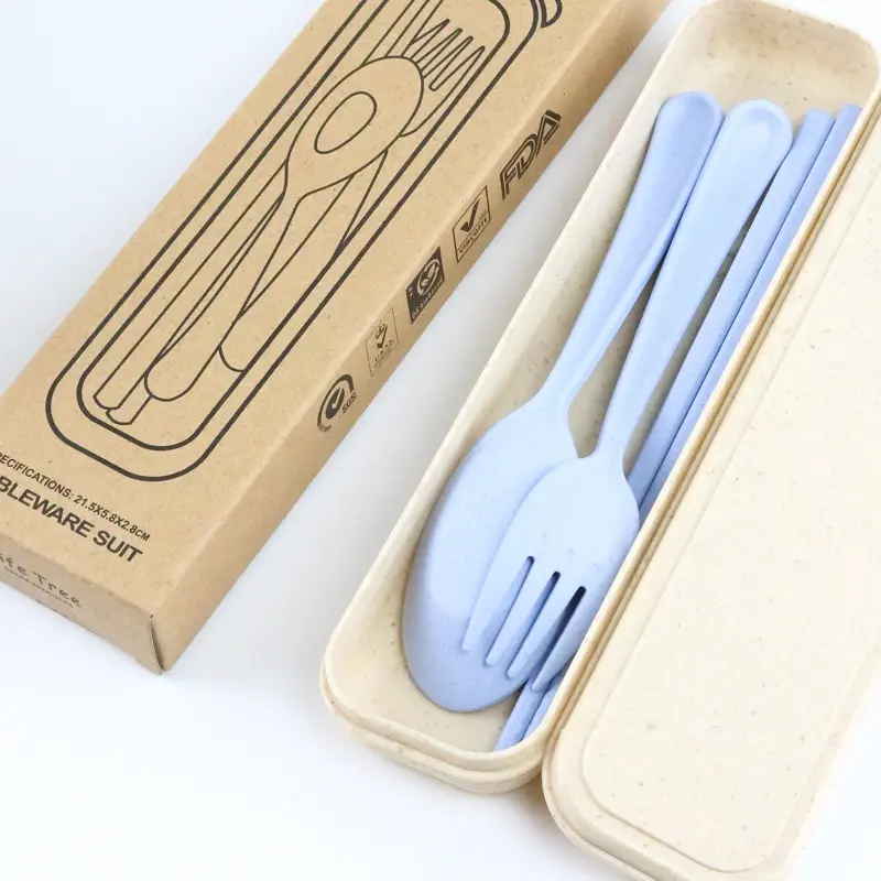 Utensilios de cocina naturales ecológicos para adultos y niños, productos de vajilla, tenedor, cuchara, palillos, juego de cubiertos de paja de trigo Biodegradable