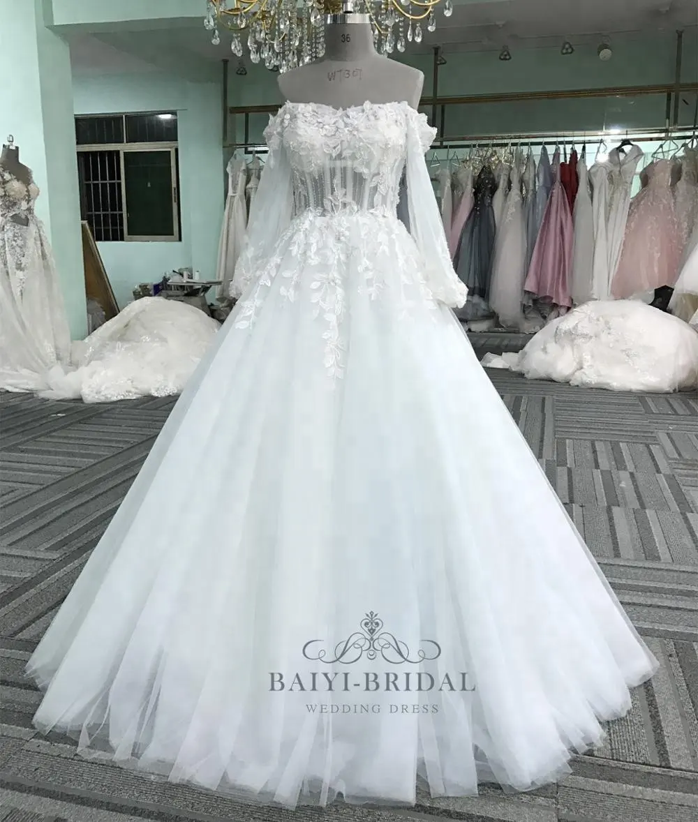 Sexy long sleeve applique flower white dress bride wedding dress 2017 china