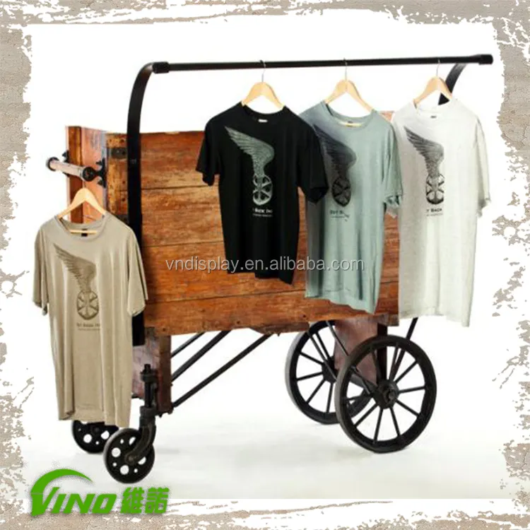 Design criativo rack de pano, roupas Rústico prateleira de madeira, carrinho de loja de roupas