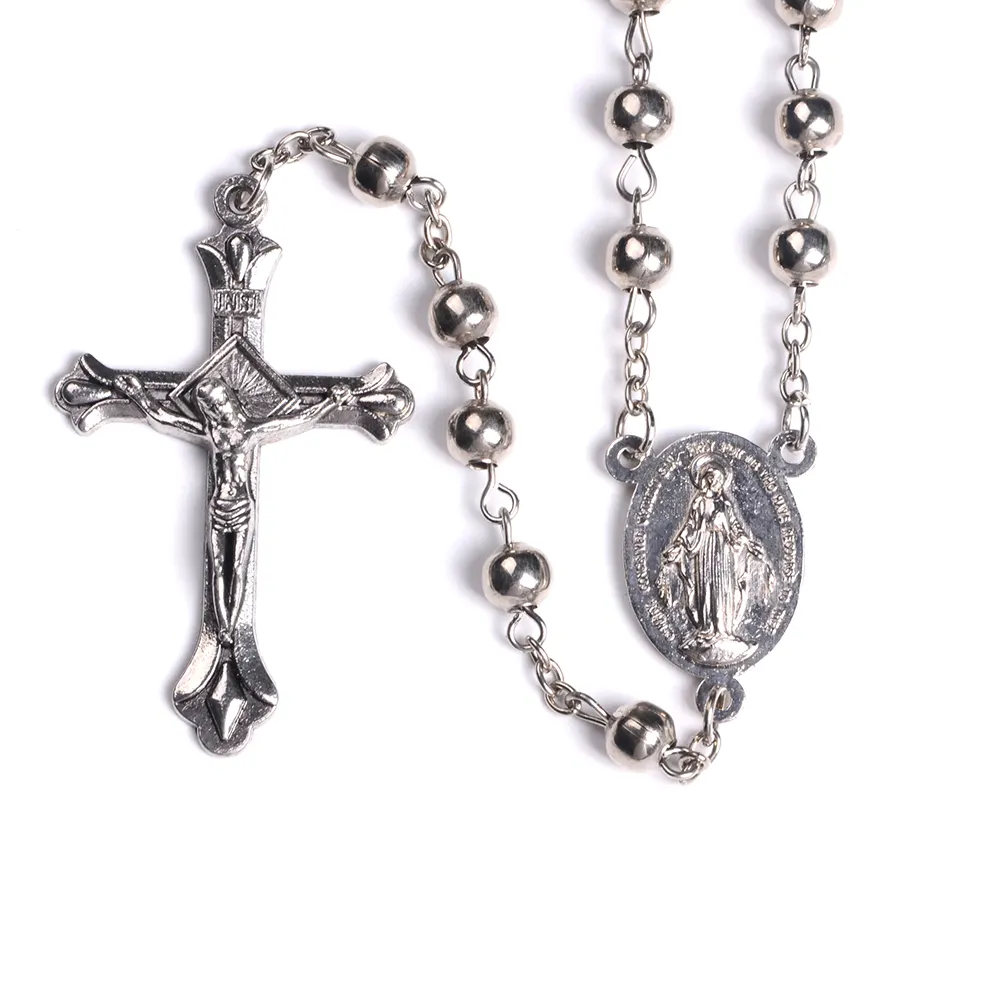 Wholesale Alloy Cross Iron Round Beads in chain Rosary Catholic Pray Religious Necklace
