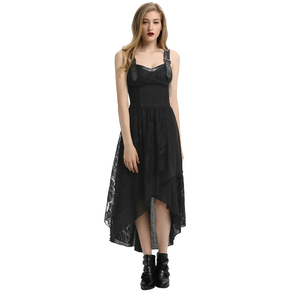 BP000579 Gothique Punk Bohème Style Victorien Dame Femmes lacets Dos Irrégulière Ourlet Plissé Robe En Dentelle Noire