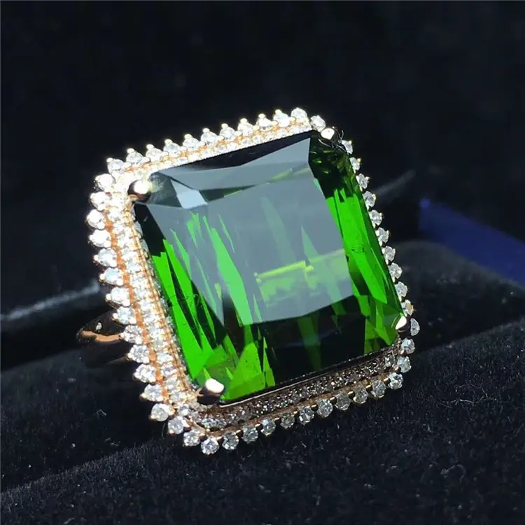 Venta al por mayor 18k oro rosa Sur África real diamante natural Brasil turmalina verde 19.6ct grande de piedras preciosas anillos de joyería