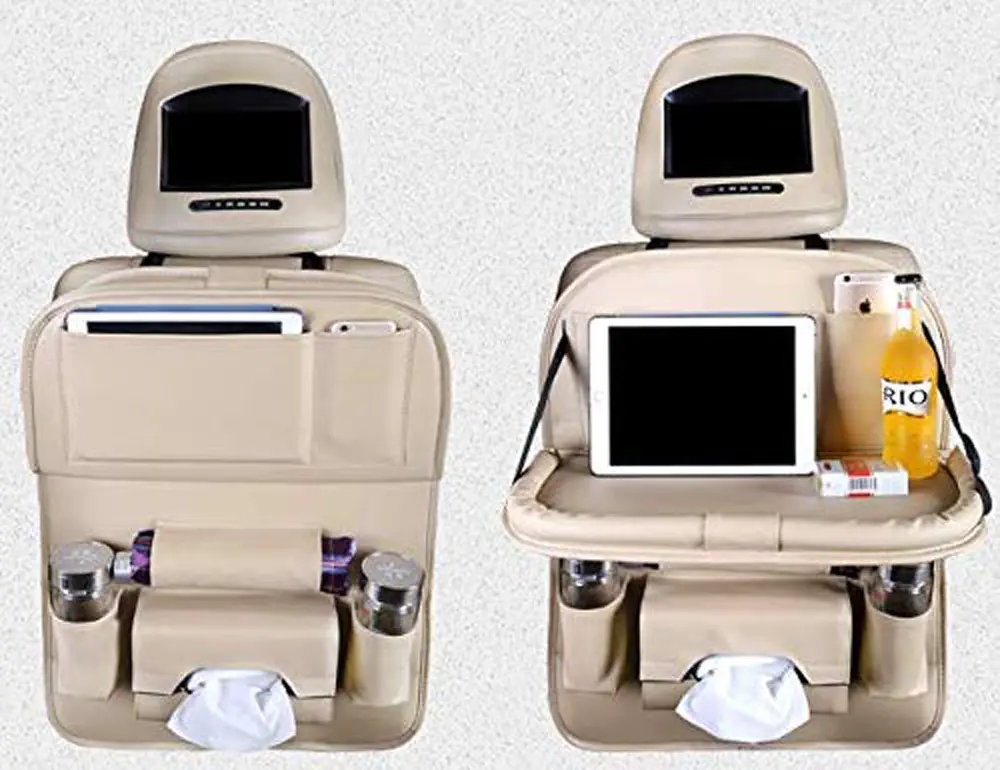 Organizador de asiento trasero de coche con pantalla táctil soporte de tableta de almacenamiento de cuero PU, bolsa organizadora de asiento trasero de coche con bandeja