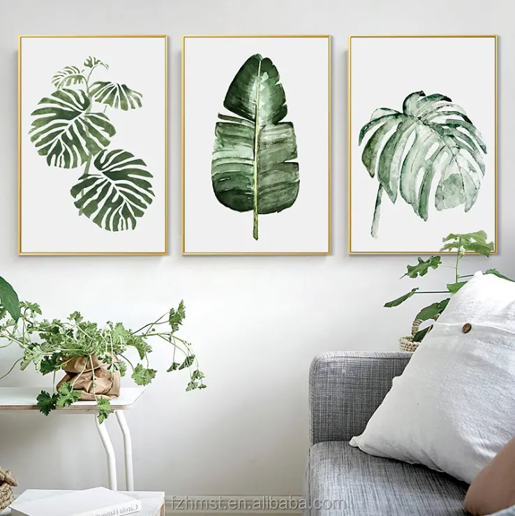 Pintura artística em estilo nórdico, aquarela, planta verde, folha personalizada, à prova d'água, com moldura