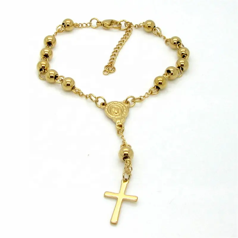 Pulseira de aço inoxidável, joias religiosas de ouro, pulseira católica de pernas cruzadas, rosário para homens