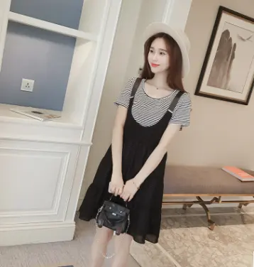Yaz yeni stil büyük boy kadın Kore moda elbise set yeni stripes Şifon Kısa Kollu Elbise