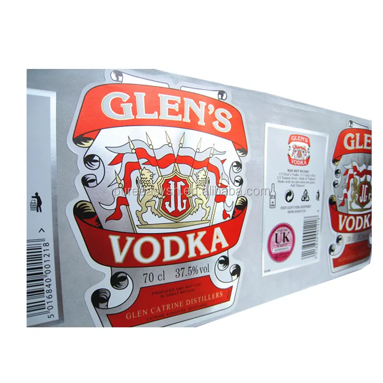 Etiquetas adesivas personalizadas da garrafa de vidro, folha de prata do adesivo vodka de papel para impressão adesiva