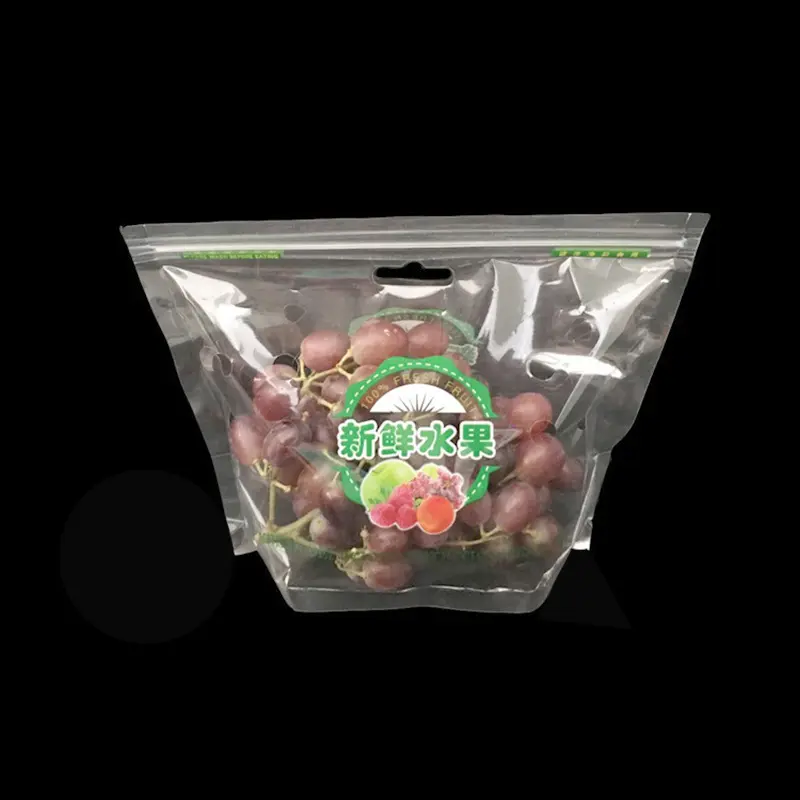 Özel baskılı Premium yüksek kaliteli taze tutma çantası polietilen lamine delikli plastik poşetler ile meyve için kilitli