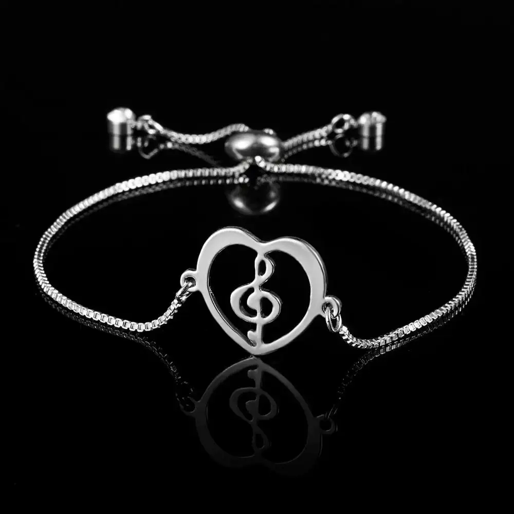 Pulsera de cadena ajustable con diseño de nota musical para mujer, brazalete plateado con forma de corazón, Cruz infinita, búho