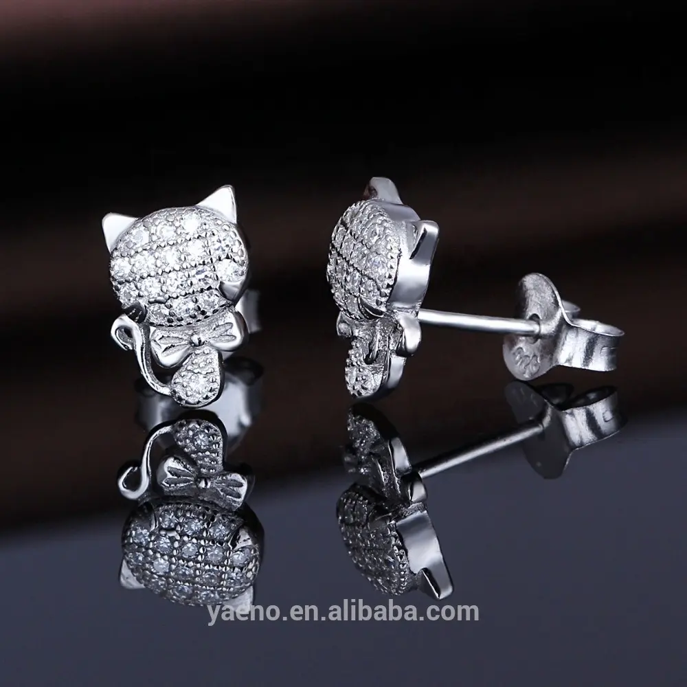 Chine vente en gros en argent véritable 925 noeud papillon Kitty boucles d'oreilles pour enfants cadeau chat bijoux