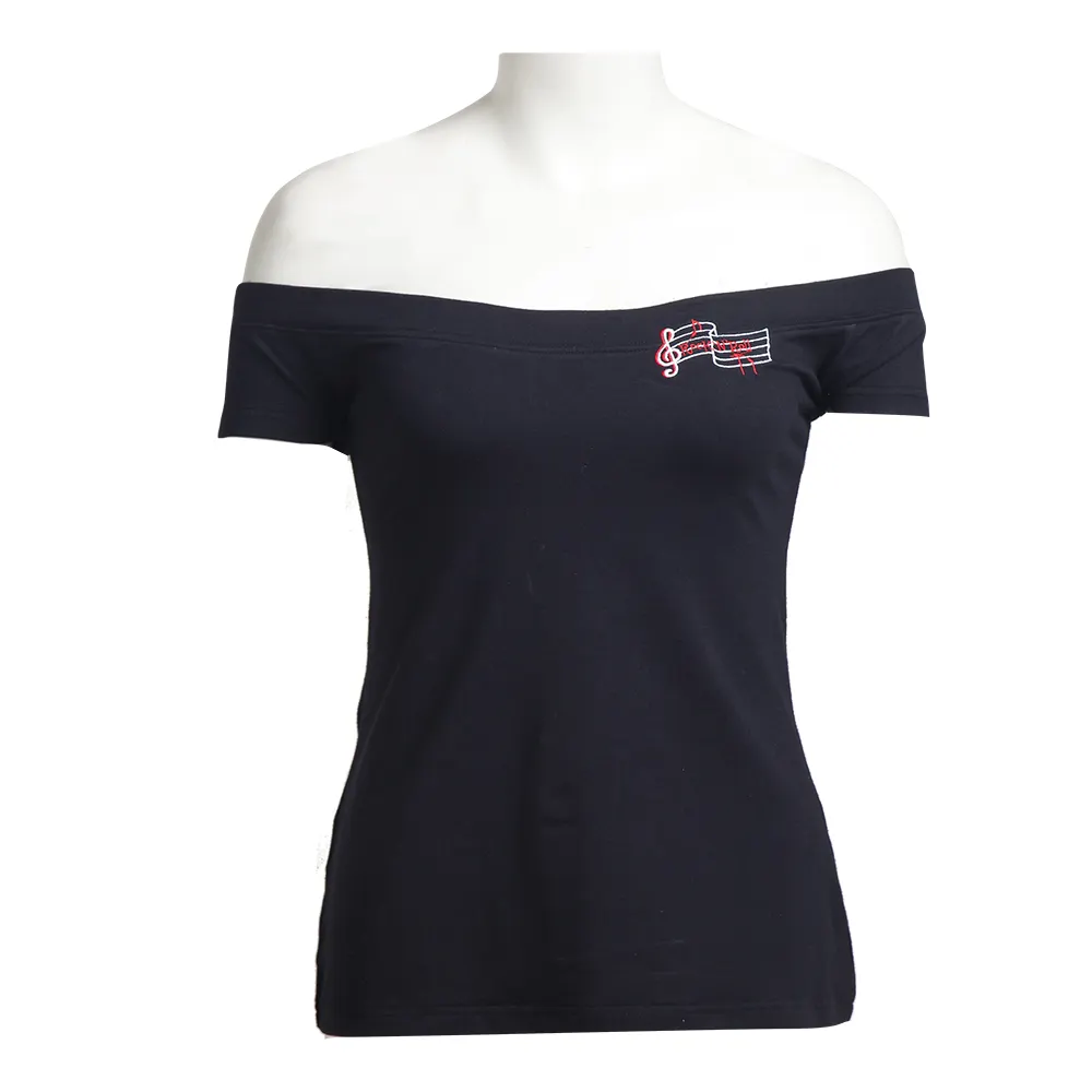 Camisetas de estilo americano para mujer, de algodón negro, a la moda, sexys, con hombros descubiertos, modales, con bordado