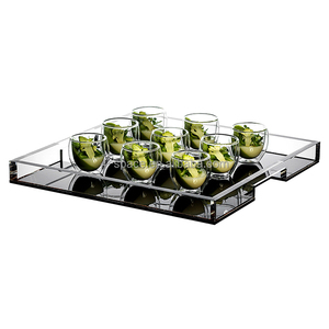 コーヒーアクリル食品サービングトレイスクエアLucite Canapeトレイカップホルダーハンドル付きトレイ