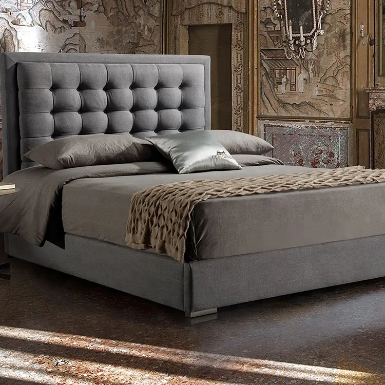 New King Grey Linen Upholstered Bed Frame with Button Tufted Bed Head