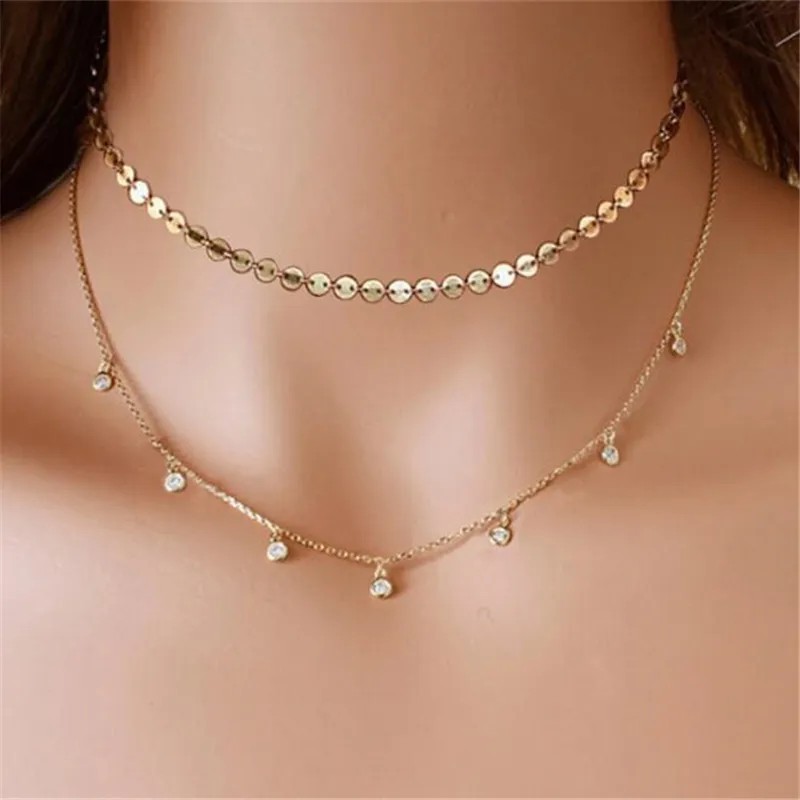 New fashion european style double layer sequins statement necklace wholesale choker necklace