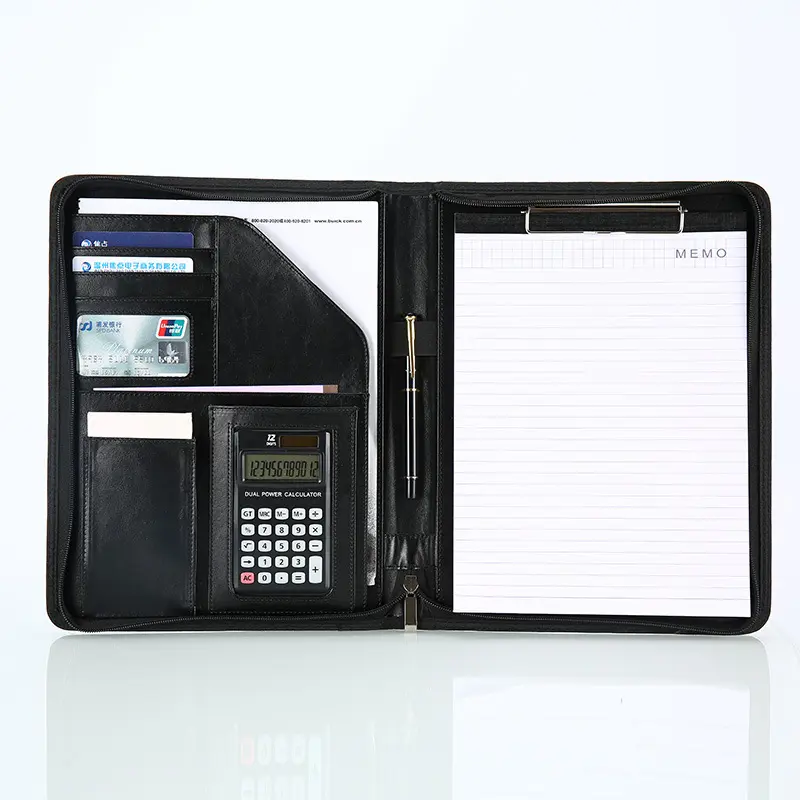 Leather Business Portfolio Bag A4 File Folder Organizer Full Zipper Closure Padfolio with Calculator and Notepad