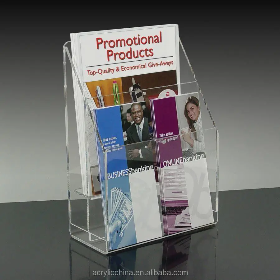 Expositor acrílico transparente de jornal, suporte de exibição de acrílico para móveis de escritório, revista e jornal