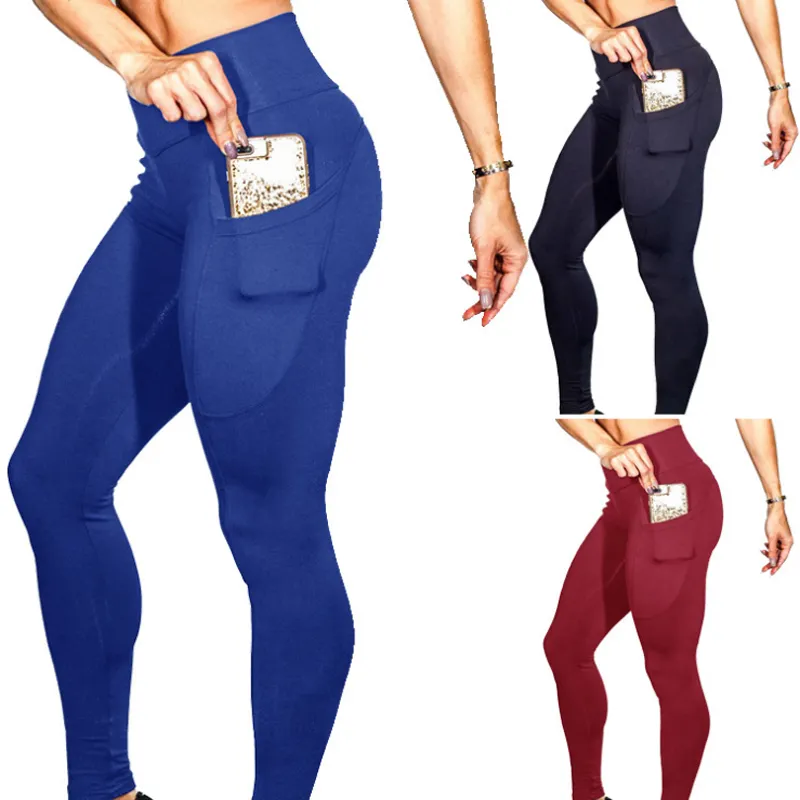 Leggings moulants sexy uni pour femme, pantalon de sport, poche latérale, pour téléphone portable, vente en gros,