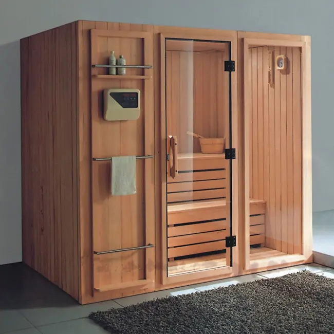 Sala de sauna de madera, esquina de baño, ducha de aire, sala de limpieza con sauna