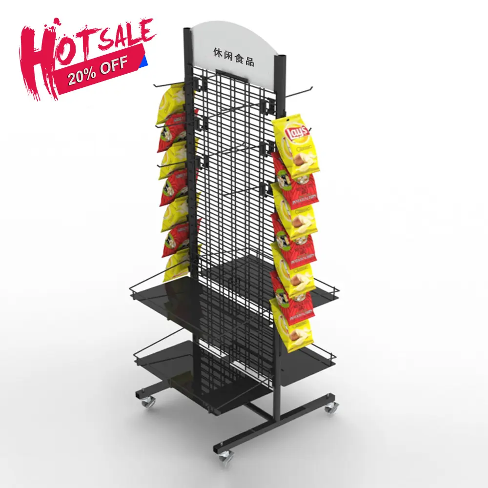 Hot Sales Candy Chip Shop Stand Free Standing Com Rodas Wire Display Racks Com Prateleiras E Ganchos