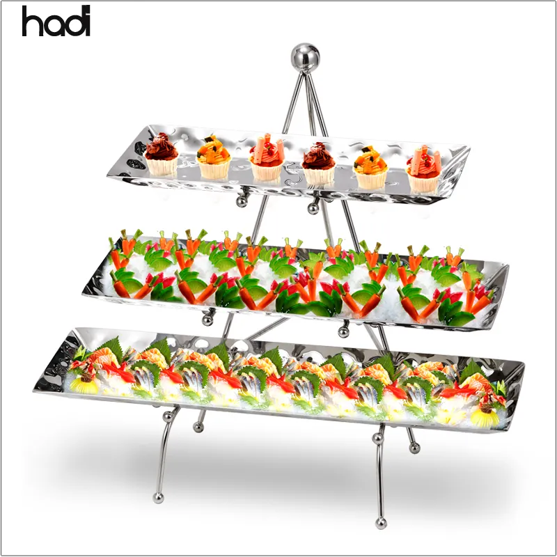 Cafeteria Thiết Bị Thép Không Gỉ Buffet Server Luxury Tráng Miệng Khán Đài Kệ 3 Tier Rèn Tráng Miệng Buffet Hiển Thị Đứng