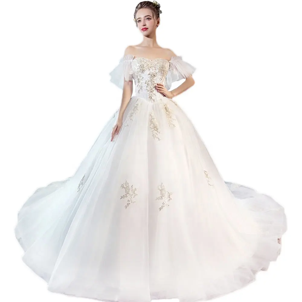 Commercio all'ingrosso boutique da sposa in pizzo abiti da sposa di lunghezza del pavimento bianco del merletto vestito da cerimonia nuziale della coda 2019