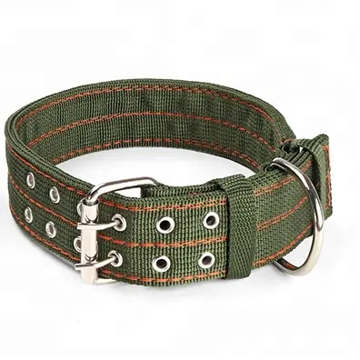 Strong Canvas Nylon Dog Collar Army Green Double Row Adjustable Buckle Pet Collar For Medium Large Dogs