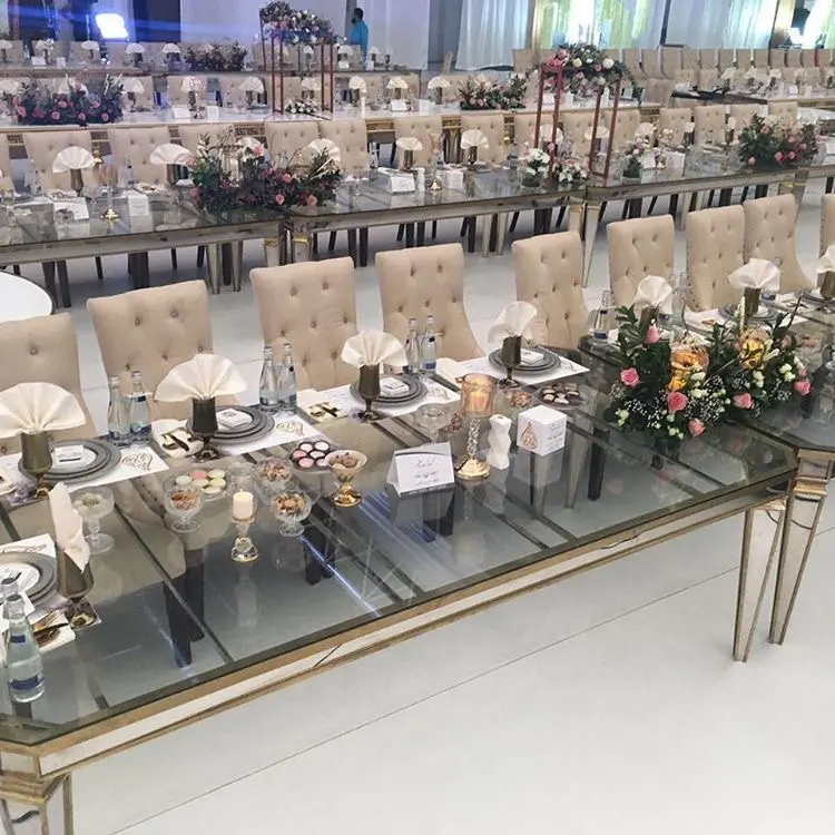 طاولة طعام من الصلب المقاوم للصدأ مستطيل شكل الماس مرآة أعلى الجدول الزفاف