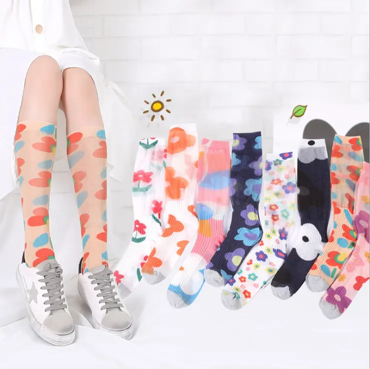 Women's long socks Summer new products 3D color printing half-mesh bubble yarn lady Slouch socks street skateboarding stockings