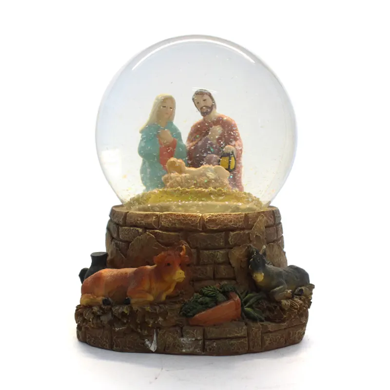 Personalizzato a buon mercato glitter religione snow globe snow ball holy family home decor sculpture