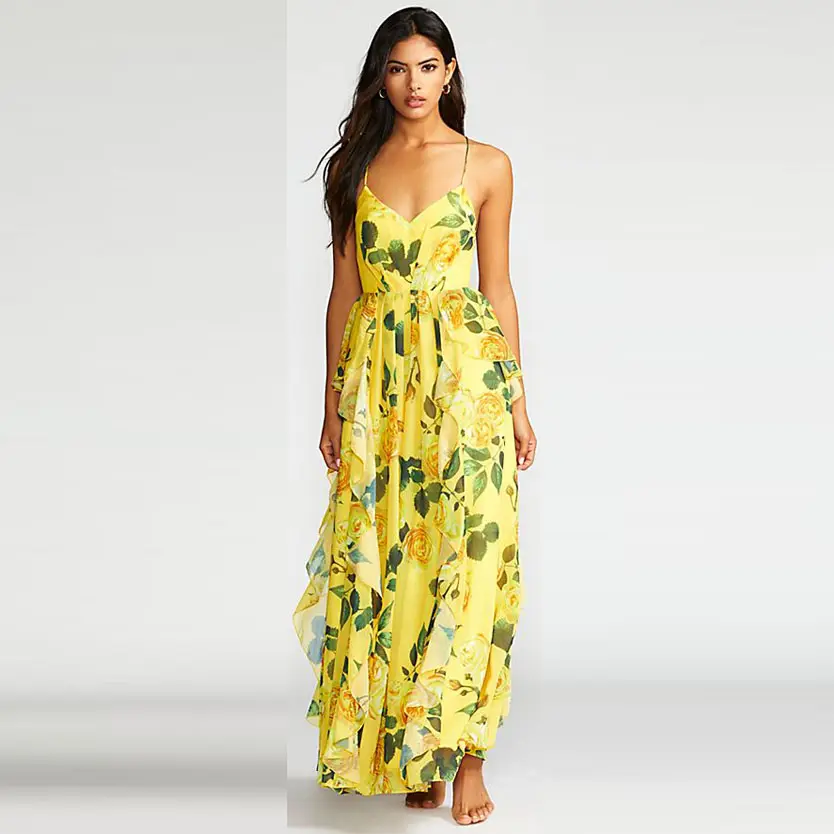 Lankai Summer Casual Fashion Cut Out elegante vendita calda tessuto giallo signore stampa Chiffon Sexy Beach Slip Maxi Dress