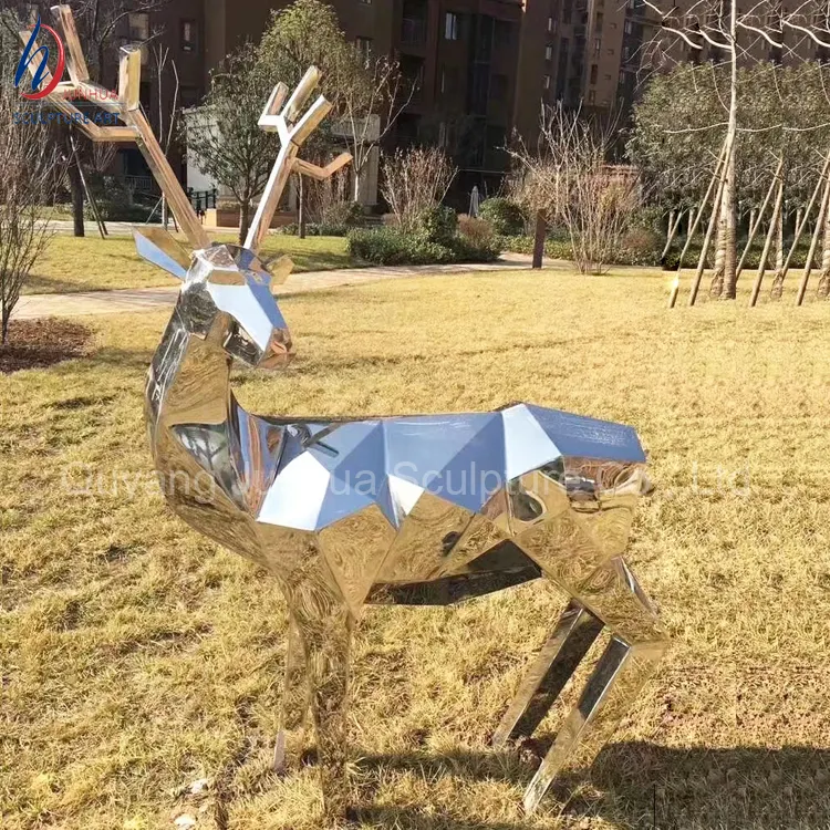 Statue de cerf en acier inoxydable poli miroir, décoration d'extérieur en métal, Sculpture d'animaux