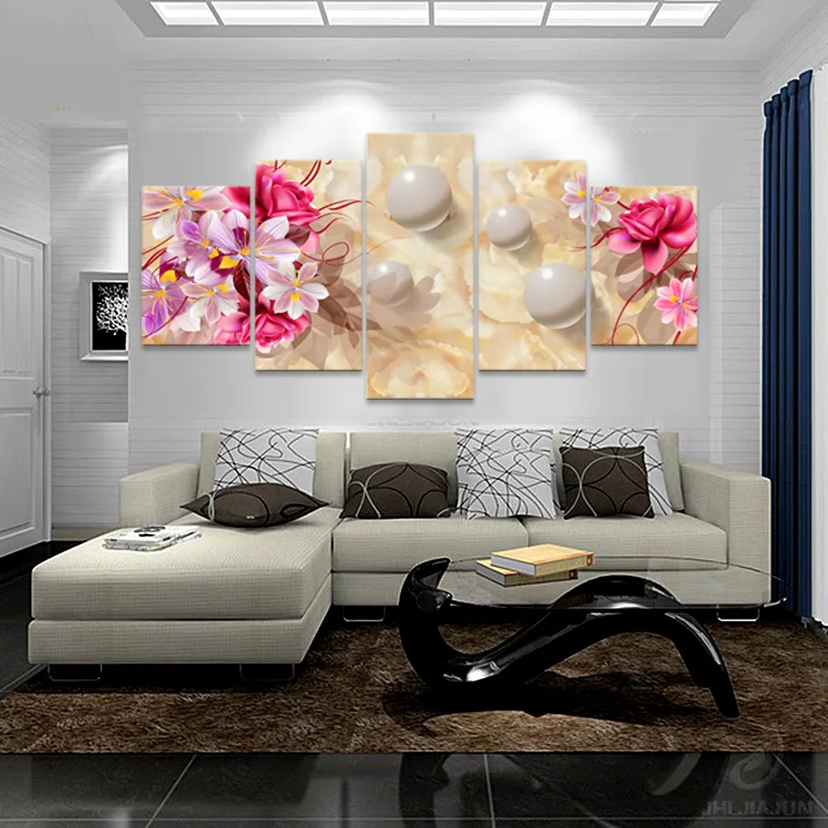 Lienzo de pared con estampado Floral 3D, decoración artística, 5 paneles
