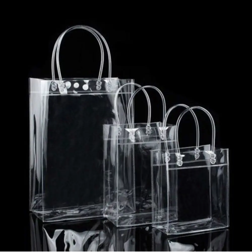 Stadyum onaylı yeni küçük hediye çantası vinil ambalaj plastik temizle PVC taşıma çantası şeffaf plastik el alışveriş çantası