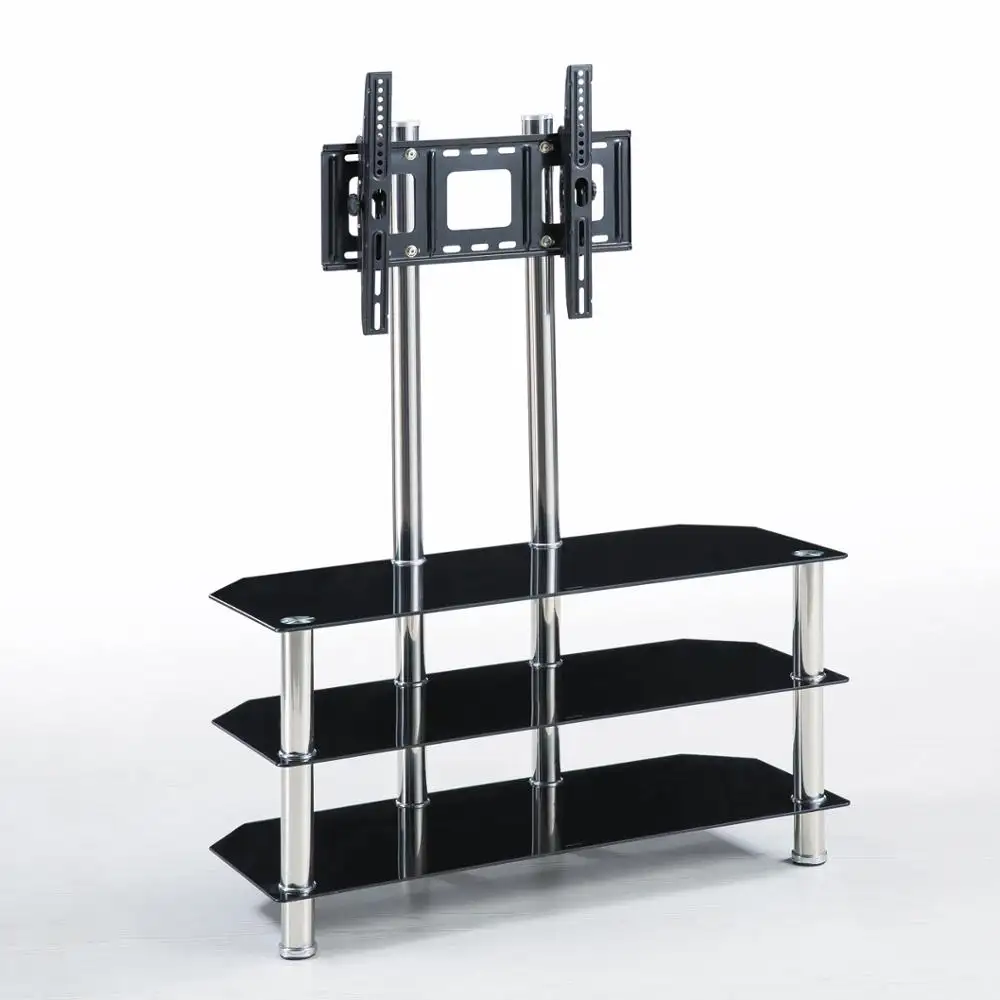 Soporte de TV de vidrio moderno templado negro, con tres estantes, Unidad de pared LCD, diseño de Metal