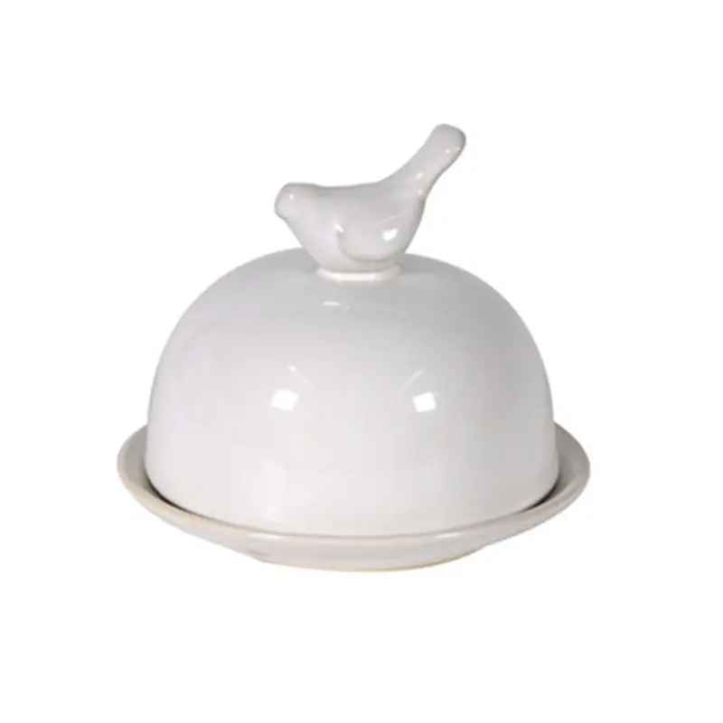 Hot sale Bird on top decorative Unique round ceramic Butter Dish