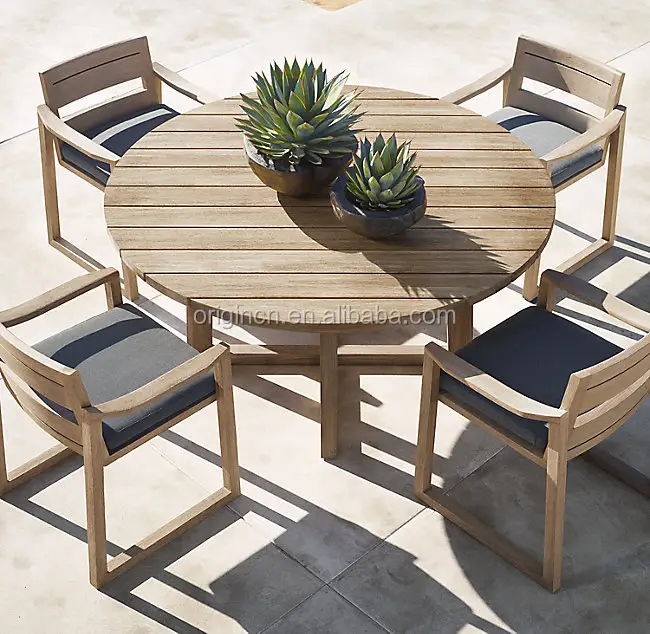 New arrival all-weather wicker chairs round table teak dining set outdoor wood furniture