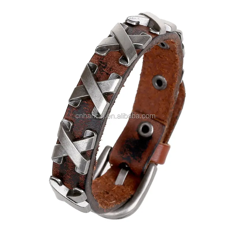 New Genuine X In Pelle Maschile di Spessore Braccialetto Per L'uomo di Metallo Croce Rivetti Studded Polsino Singolo Fibbia Della Cintura Pulsera