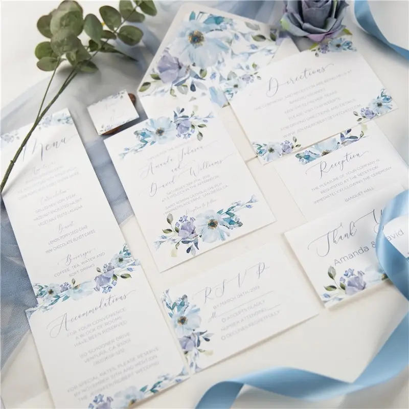 الفرنسية الأزرق المائية الفاخرة دوك الأزهار دعوة زفاف بطاقة دعوة مع ورق جيوب