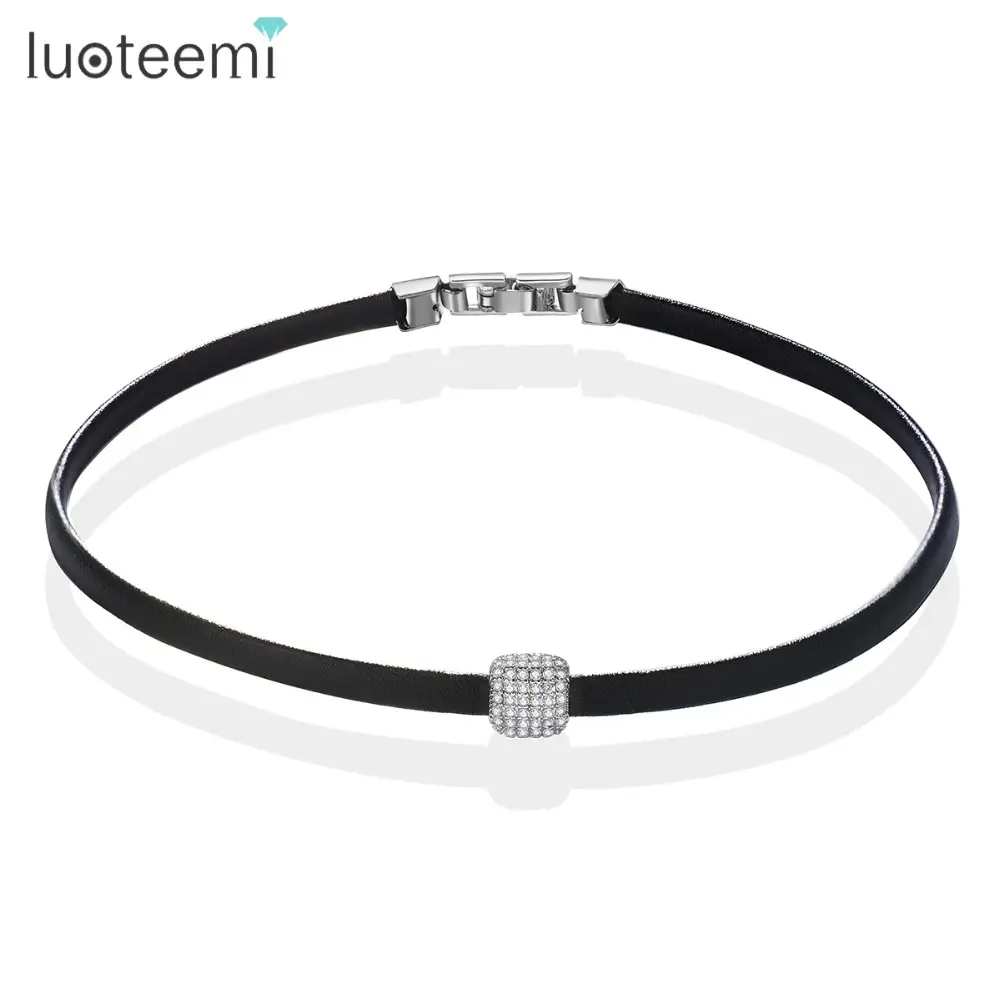 LUOTEEMI, cuentas geométricas de circón con trenza negra, Gargantilla de cuero hecha a mano, collar para mujer