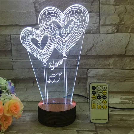 Lampada a Forma di cuore per Amore Romanticismo 3D Visivo con 7 Colori Che Cambiano di Legno Base Led per L'amante Regalo