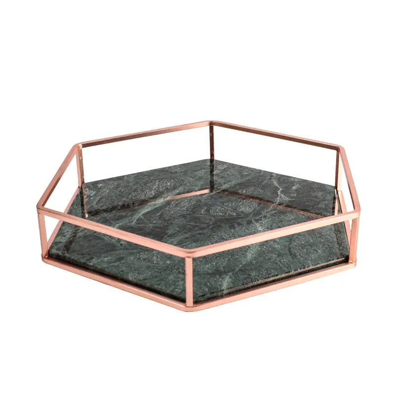 バニティハンドメイド装飾六角形ローズゴールドアイアンフレームグリーンマーブルトレイジュエリートレイ