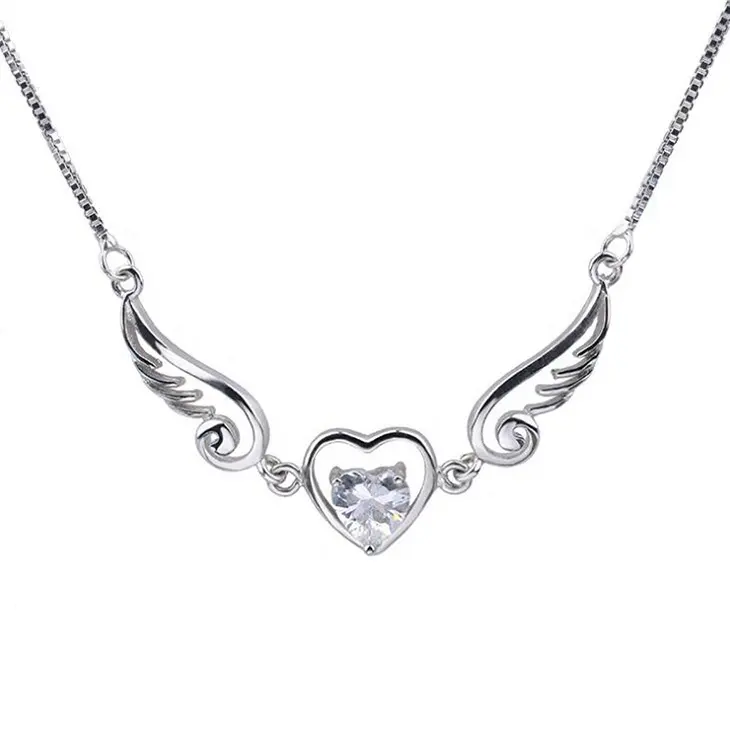 Minimalist Silver Plated Heart Shape Pendant Angel Wing Stone Necklace For Wholesale