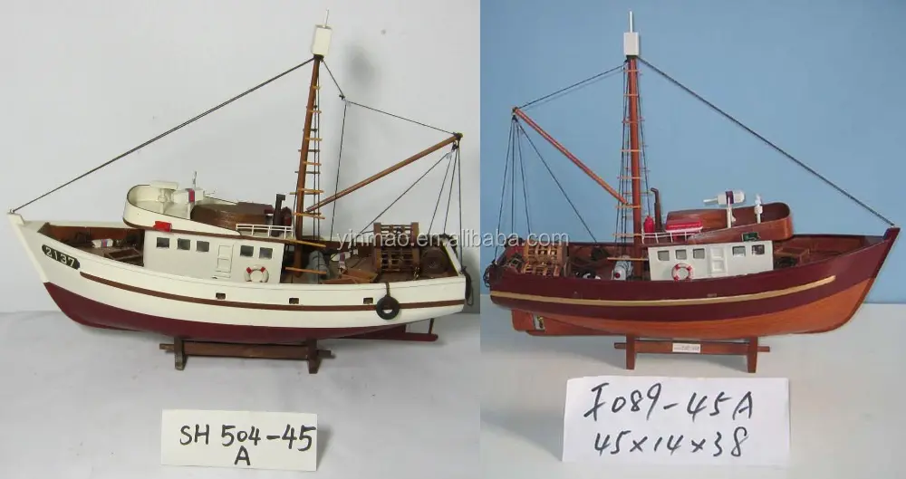 Barca da pesca in legno modello "2137", 2 set 45x14x38 cm, bianco/rosso Replic Pesca barca granchio modello, nautica decorazioni da tavola modello di nave