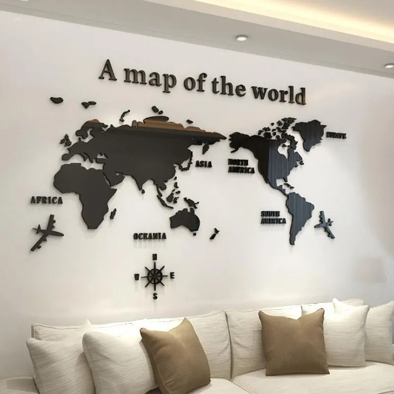 Auto-adhésif décoration de la maison noir carte du monde 3d acrylique stickers muraux