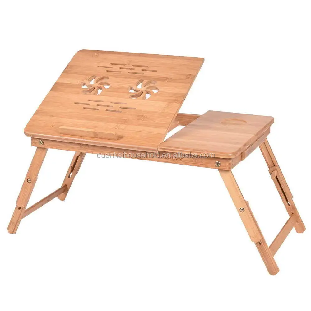 Escritorio plegable portátil de bambú para ordenador portátil, soporte de mesa, bandeja para sofá cama con patas ajustables y cajón lateral