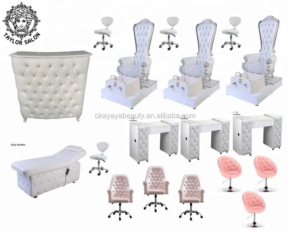 Conjunto de móveis de luxo para manicure e pedicure, cadeiras de spa de pé branco com thrones e pedicure