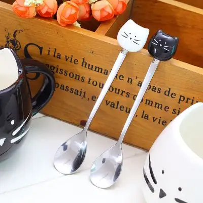 Colheres de desenhos animados de aço inoxidável, colheres de gato de cerâmica única, ferramenta de cozinha, preto e branco, 1 peça