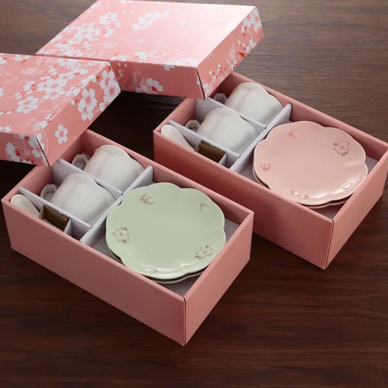 กล่องของขวัญถ้วยกาแฟเซรามิกดอกเชอร์รี่ชาถ้วยชุดกล่องถ้วยชา